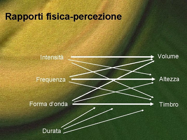 Rapporti fisica-percezione Intensità Volume Frequenza Altezza Forma d’onda Durata Timbro 