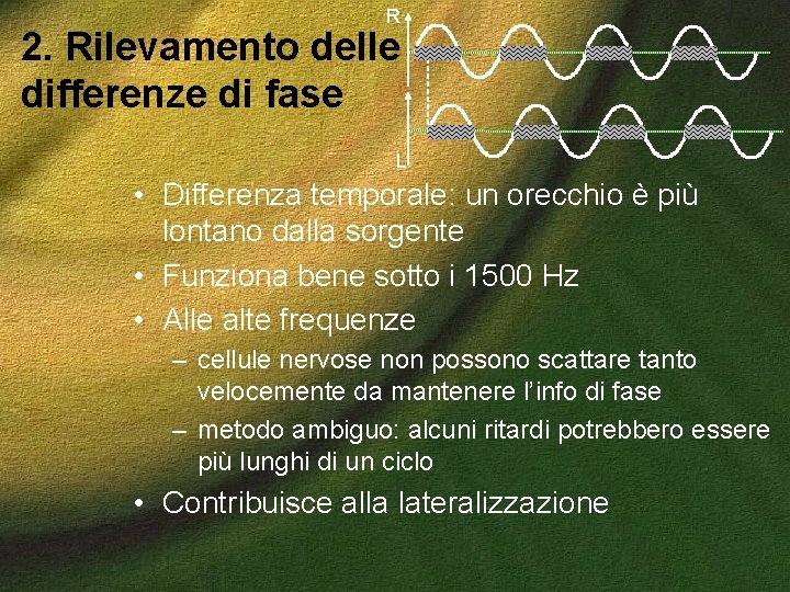 R 2. Rilevamento delle differenze di fase L • Differenza temporale: un orecchio è R 2. Rilevamento delle differenze di fase L • Differenza temporale: un orecchio è