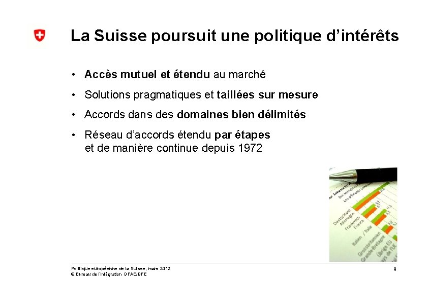 La Suisse poursuit une politique d’intérêts • Accès mutuel et étendu au marché •