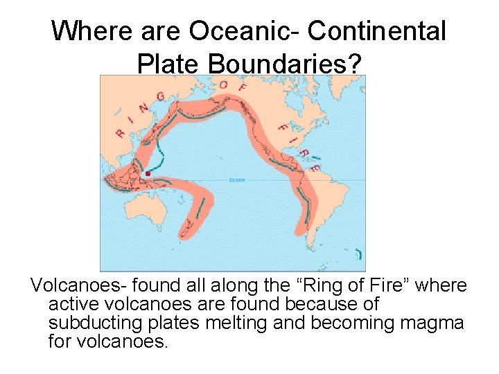 Where are Oceanic- Continental Plate Boundaries? Volcanoes- found all along the “Ring of Fire”
