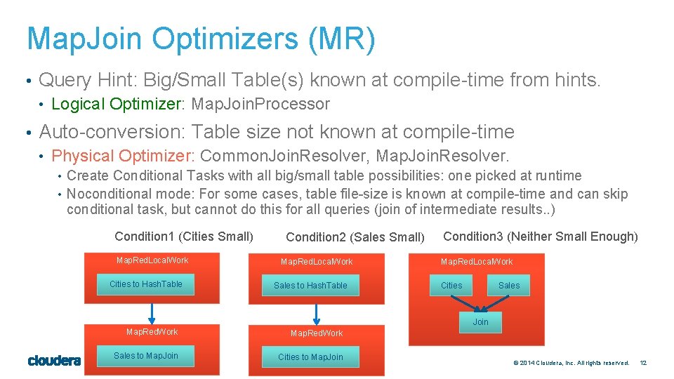 Map. Join Optimizers (MR) • Query Hint: Big/Small Table(s) known at compile-time from hints.