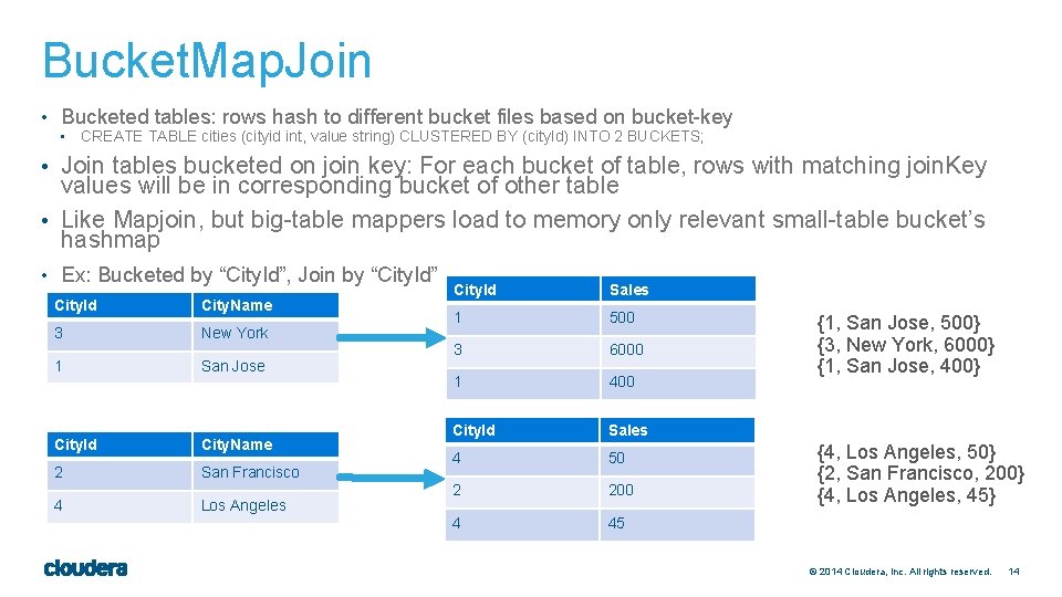 Bucket. Map. Join • Bucketed tables: rows hash to different bucket files based on