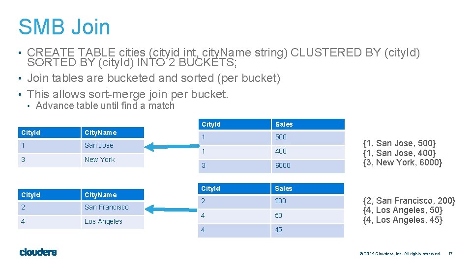 SMB Join • CREATE TABLE cities (cityid int, city. Name string) CLUSTERED BY (city.