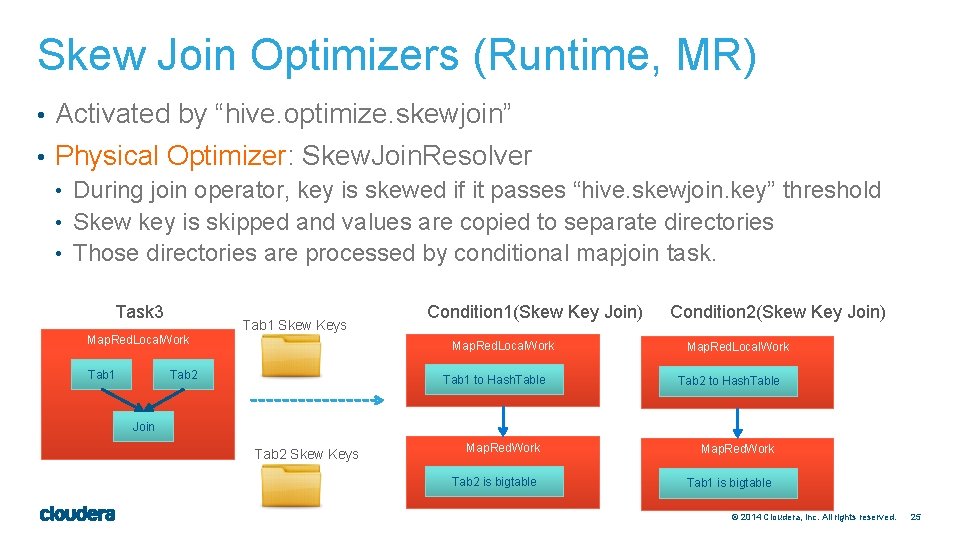 Skew Join Optimizers (Runtime, MR) • Activated by “hive. optimize. skewjoin” • Physical Optimizer: