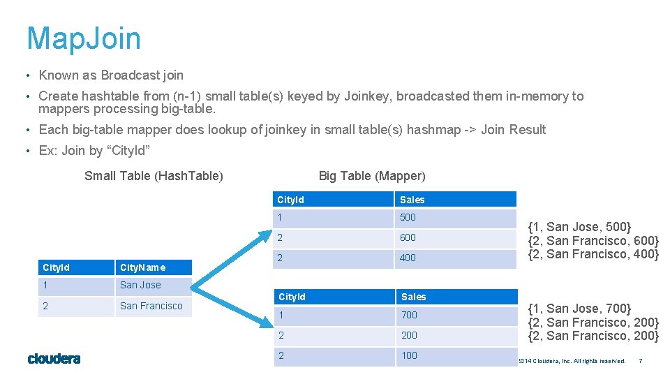 Map. Join • Known as Broadcast join • Create hashtable from (n-1) small table(s)
