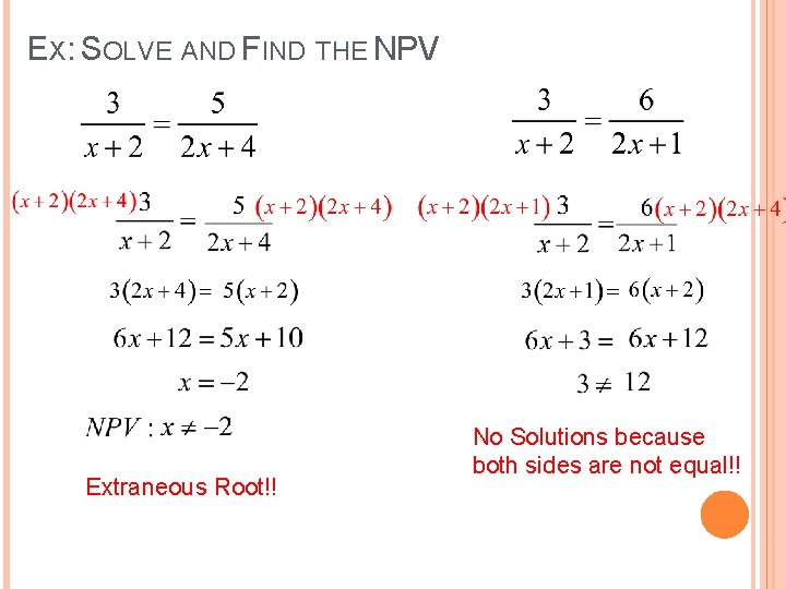 EX: SOLVE AND FIND THE NPV Extraneous Root!! No Solutions because both sides are