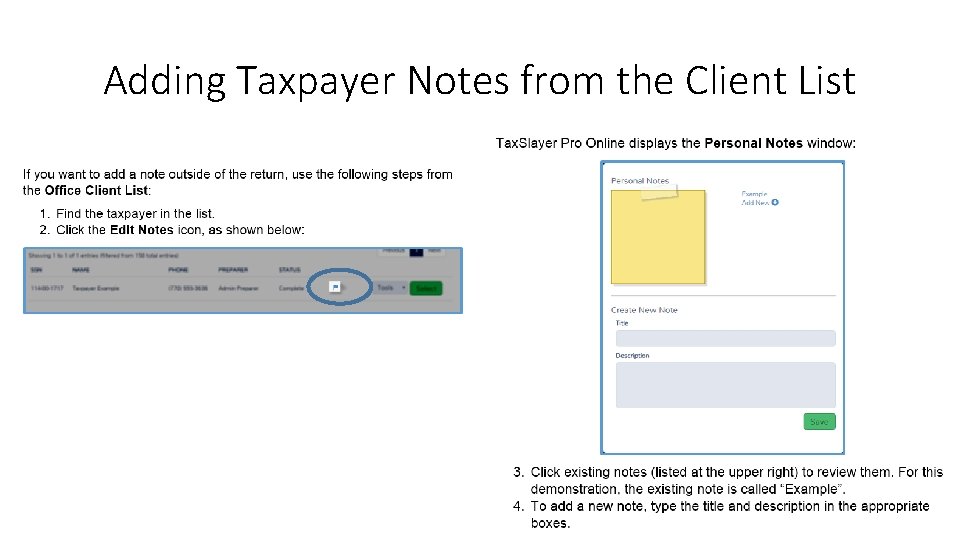 Adding Taxpayer Notes from the Client List 