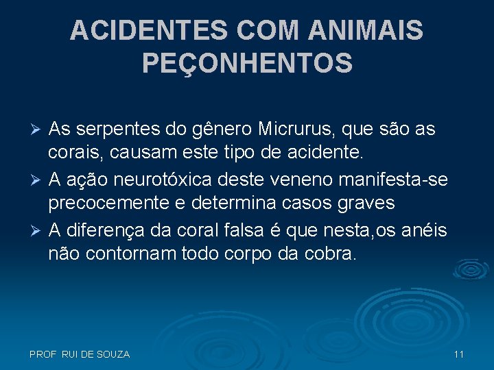 ACIDENTES COM ANIMAIS PEÇONHENTOS As serpentes do gênero Micrurus, que são as corais, causam