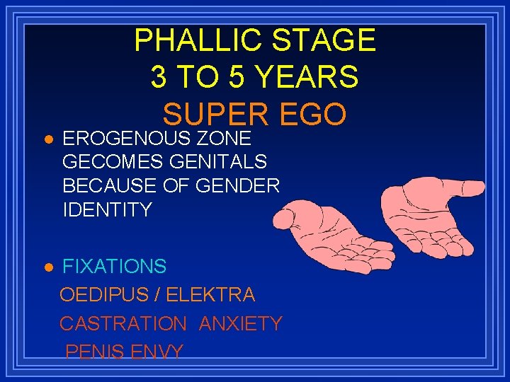 PHALLIC STAGE 3 TO 5 YEARS SUPER EGO l EROGENOUS ZONE GECOMES GENITALS BECAUSE