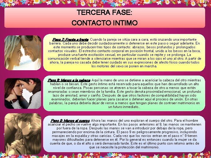 TERCERA FASE: CONTACTO INTIMO Paso 7: Frente a frente Cuando la pareja se sitúa TERCERA FASE: CONTACTO INTIMO Paso 7: Frente a frente Cuando la pareja se sitúa