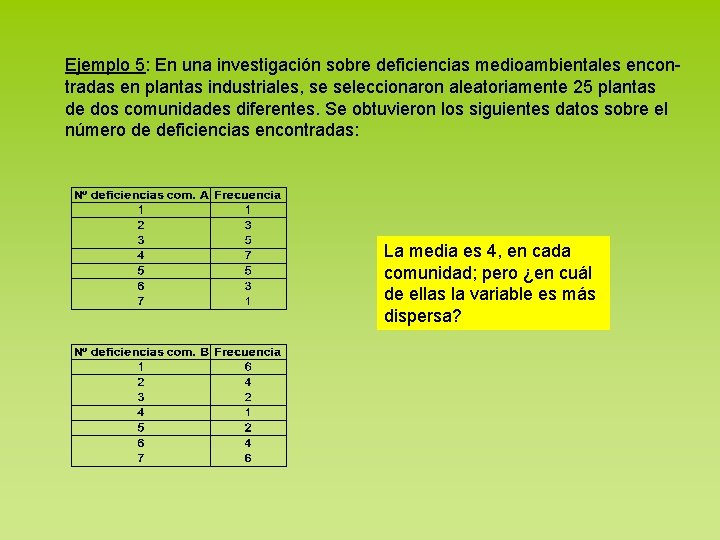 Ejemplo 5: En una investigación sobre deficiencias medioambientales encontradas en plantas industriales, se seleccionaron