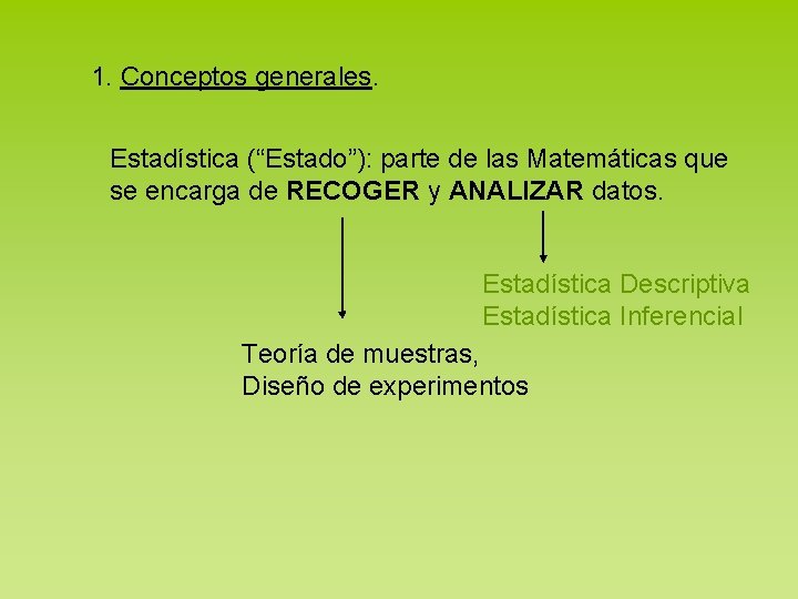 1. Conceptos generales. Estadística (“Estado”): parte de las Matemáticas que se encarga de RECOGER
