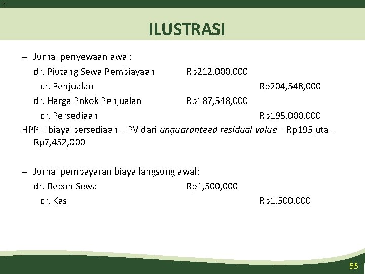 5 5 ILUSTRASI – Jurnal penyewaan awal: dr. Piutang Sewa Pembiayaan Rp 212, 000