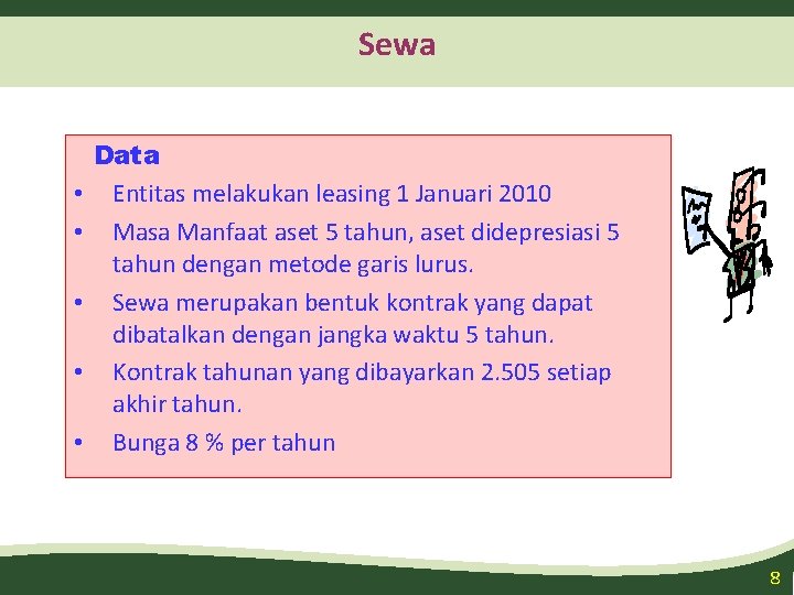 Sewa • • • Data Entitas melakukan leasing 1 Januari 2010 Masa Manfaat aset