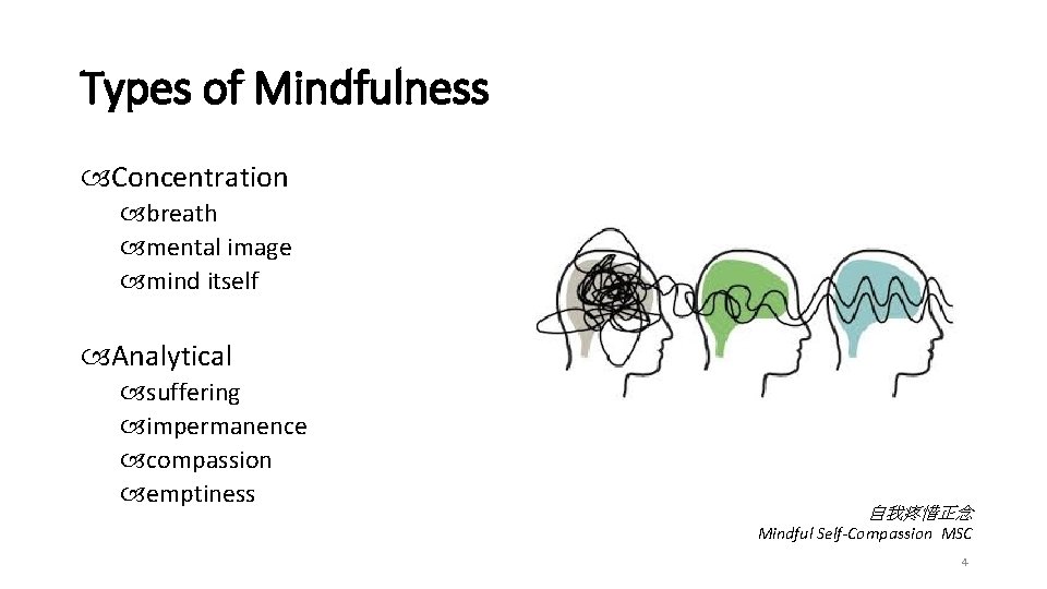 Types of Mindfulness Concentration breath mental image mind itself Analytical suffering impermanence compassion emptiness