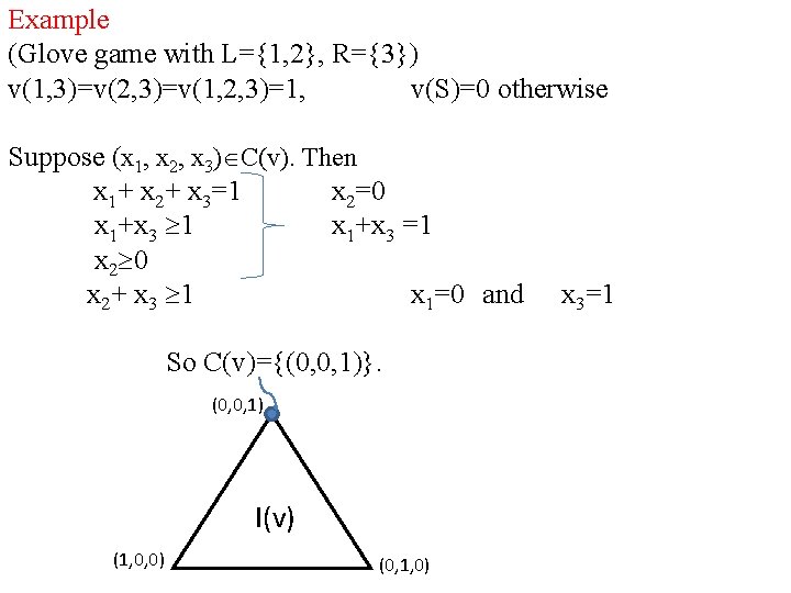 Example (Glove game with L={1, 2}, R={3}) v(1, 3)=v(2, 3)=v(1, 2, 3)=1, v(S)=0 otherwise