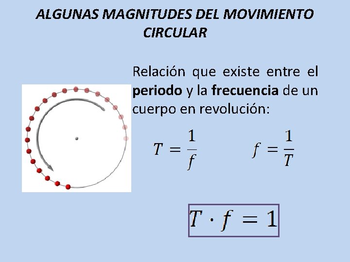 ALGUNAS MAGNITUDES DEL MOVIMIENTO CIRCULAR Relación que existe entre el periodo y la frecuencia