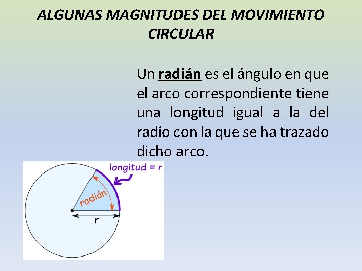 ALGUNAS MAGNITUDES DEL MOVIMIENTO CIRCULAR Un radián es el ángulo en que el arco