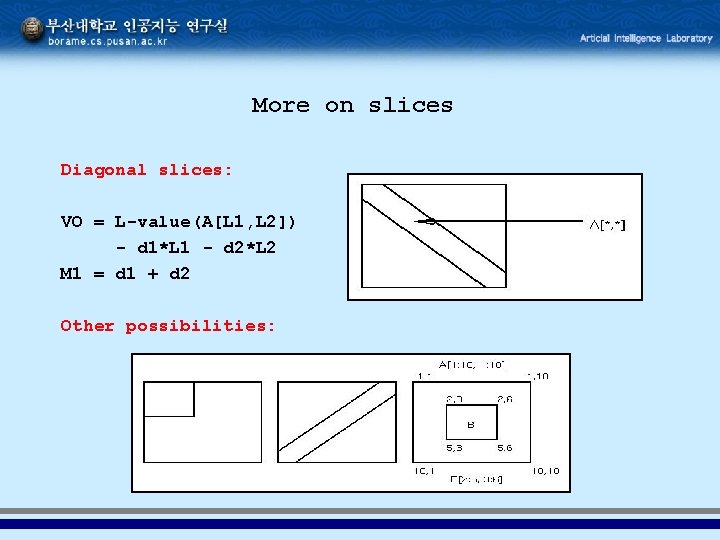 More on slices Diagonal slices: VO = L-value(A[L 1, L 2]) - d 1*L