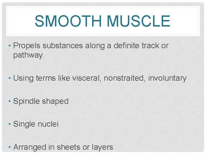 SMOOTH MUSCLE • Propels substances along a definite track or pathway. • Using terms