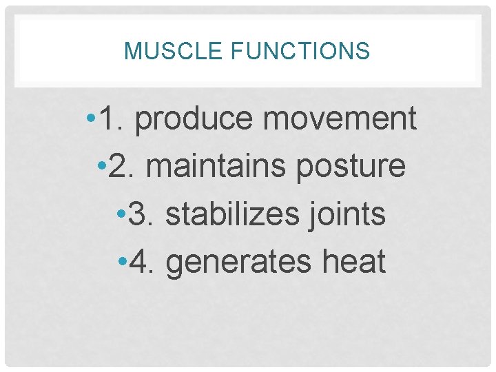 MUSCLE FUNCTIONS • 1. produce movement • 2. maintains posture • 3. stabilizes joints