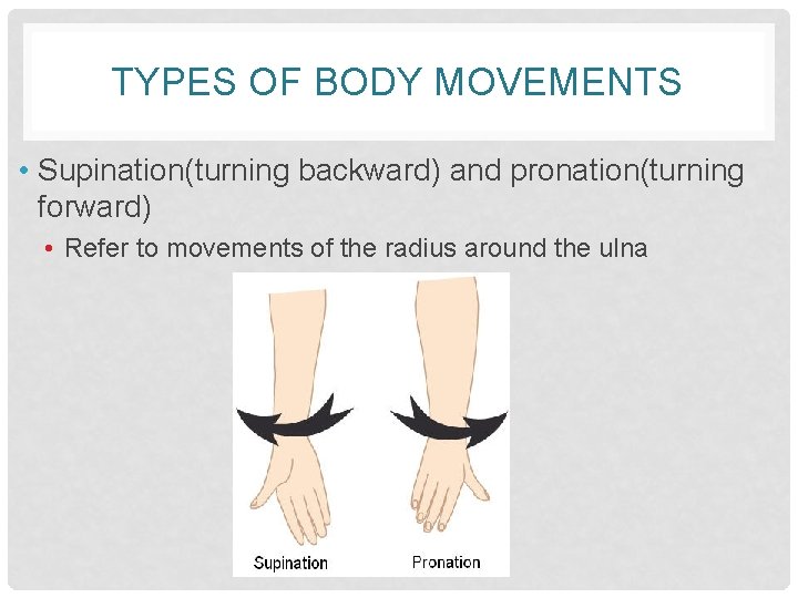 TYPES OF BODY MOVEMENTS • Supination(turning backward) and pronation(turning forward) • Refer to movements