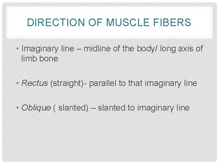 DIRECTION OF MUSCLE FIBERS • Imaginary line – midline of the body/ long axis