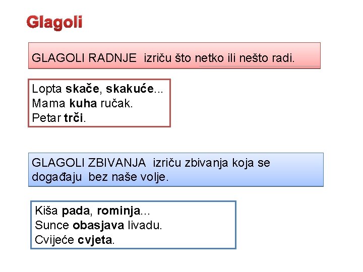 Glagoli GLAGOLI RADNJE izriču što netko ili nešto radi. Lopta skače, skače skakuće. .