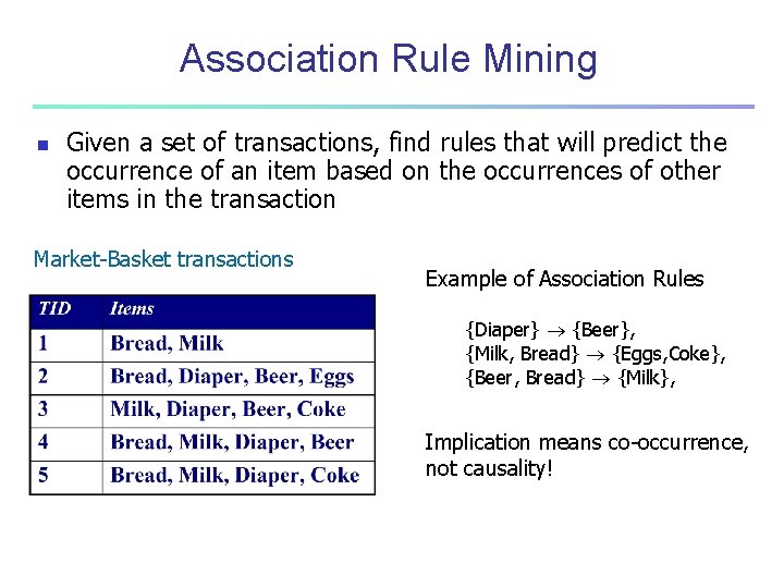 Association Rule Mining n Given a set of transactions, find rules that will predict