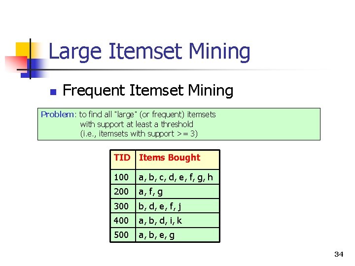Large Itemset Mining n Frequent Itemset Mining Problem: to find all “large” (or frequent)