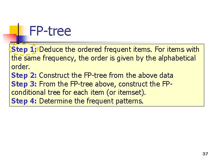 FP-tree Step 1: Deduce the ordered frequent items. For items with the same frequency,