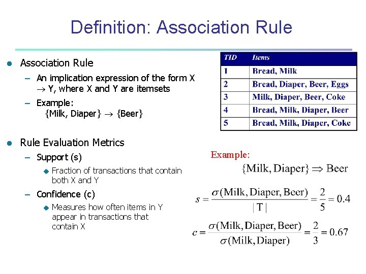 Definition: Association Rule l Association Rule – An implication expression of the form X