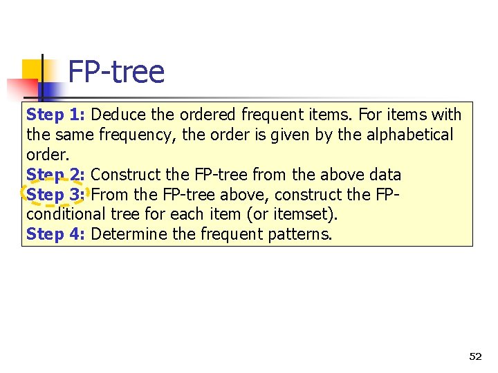 FP-tree Step 1: Deduce the ordered frequent items. For items with the same frequency,