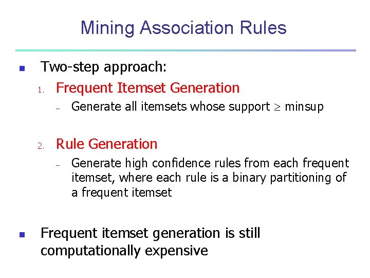 Mining Association Rules n Two-step approach: 1. Frequent Itemset Generation – 2. Rule Generation