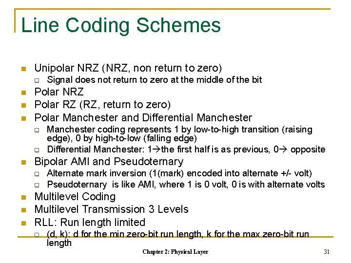 Line Coding Schemes n Unipolar NRZ (NRZ, non return to zero) q n n