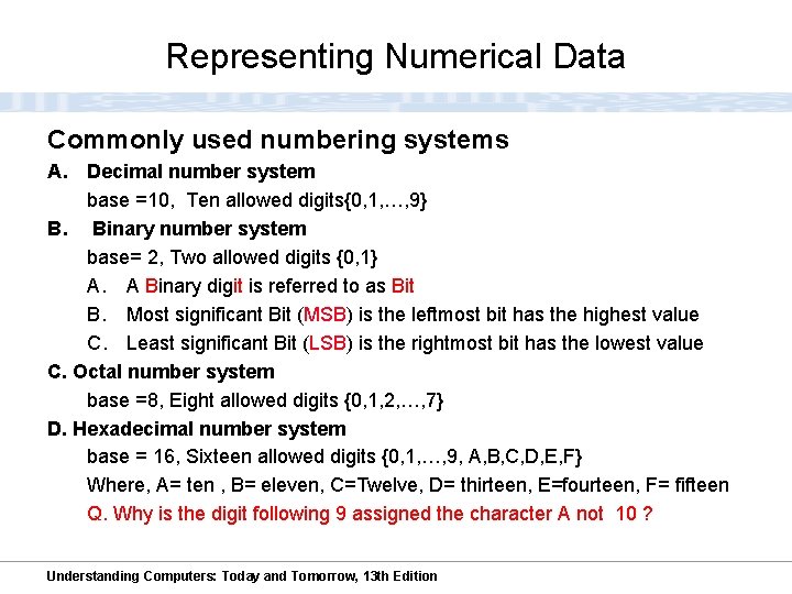 Representing Numerical Data Commonly used numbering systems A. Decimal number system base =10, Ten