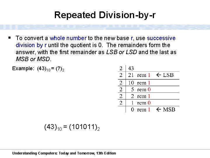 Repeated Division-by-r § To convert a whole number to the new base r, use