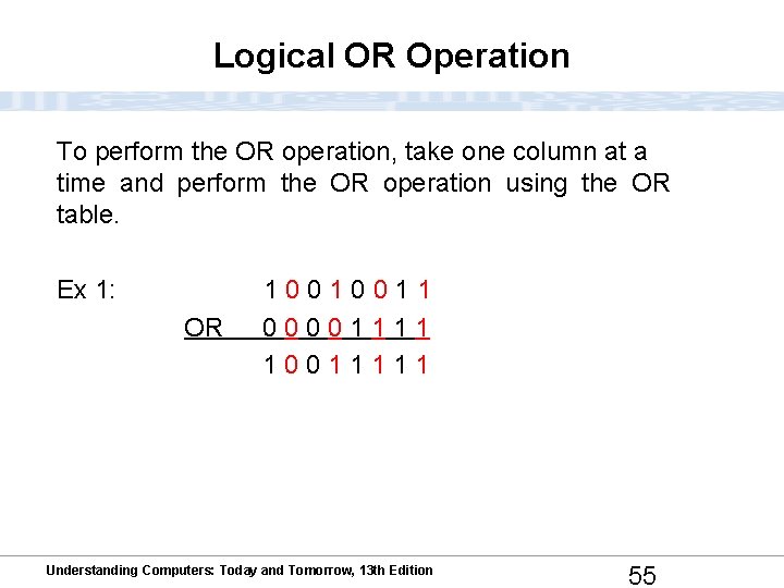 Logical OR Operation To perform the OR operation, take one column at a time