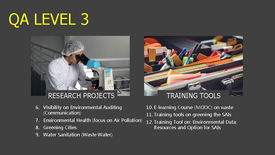 QA LEVEL 3 RESEARCH PROJECTS 6. Visibility on Environmental Auditing (Communication) TRAINING TOOLS 10.