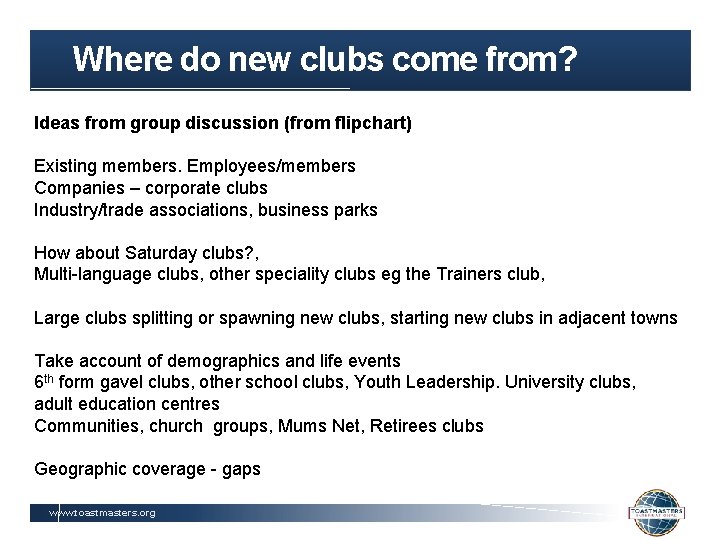 Where do new clubs come from? Ideas from group discussion (from flipchart) Existing members.