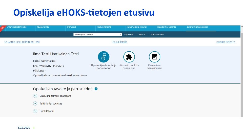 Opiskelija e. HOKS-tietojen etusivu 3. 12. 2020 