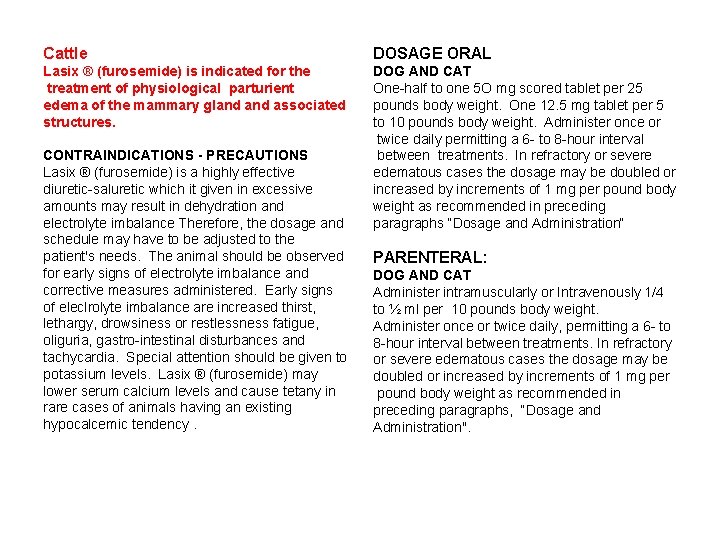 Cattle DOSAGE ORAL Lasix ® (furosemide) is indicated for the treatment of physiological parturient