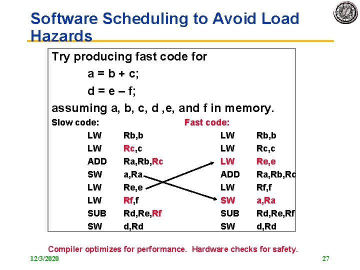 Software Scheduling to Avoid Load Hazards Try producing fast code for a = b