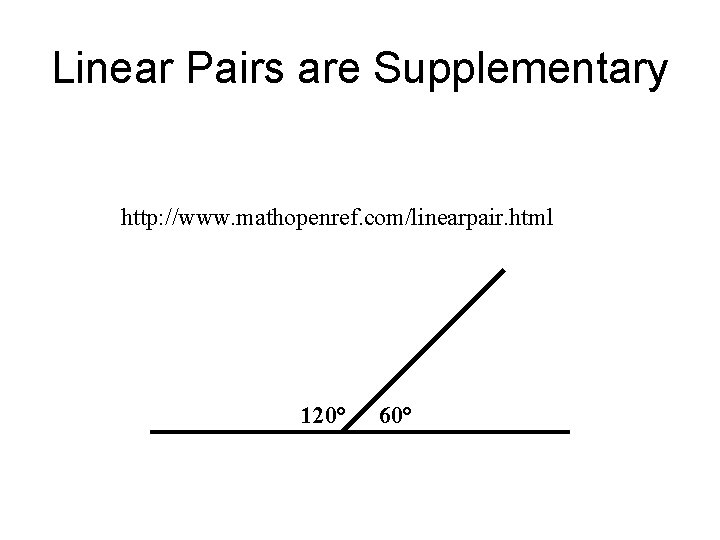 Linear Pairs are Supplementary http: //www. mathopenref. com/linearpair. html 120° 60° 