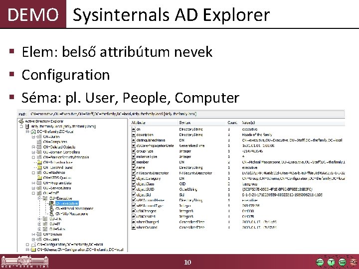 DEMO Sysinternals AD Explorer § Elem: belső attribútum nevek § Configuration § Séma: pl.