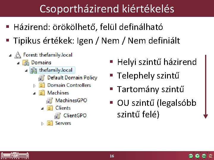 Csoportházirend kiértékelés § Házirend: örökölhető, felül definálható § Tipikus értékek: Igen / Nem definiált