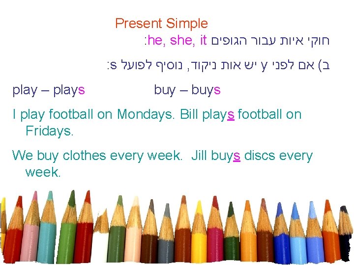 Present Simple : he, she, it חוקי איות עבור הגופים : s נוסיף לפועל