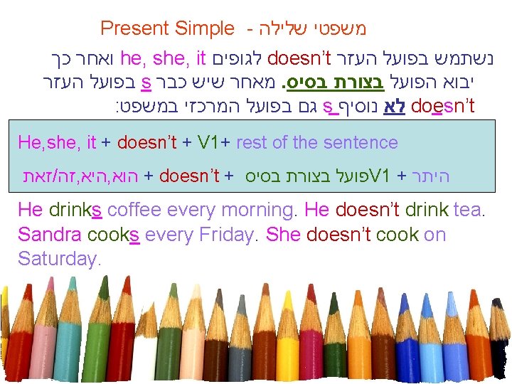 Present Simple - משפטי שלילה ואחר כך he, she, it לגופים doesn’t נשתמש בפועל