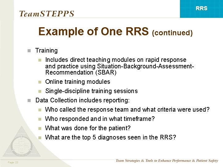 RRS Example of One RRS (continued) n Training n Includes direct teaching modules on