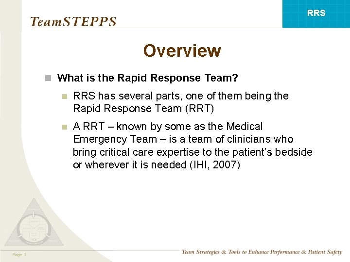 RRS Overview n What is the Rapid Response Team? Mod 1305. 2 Page 3